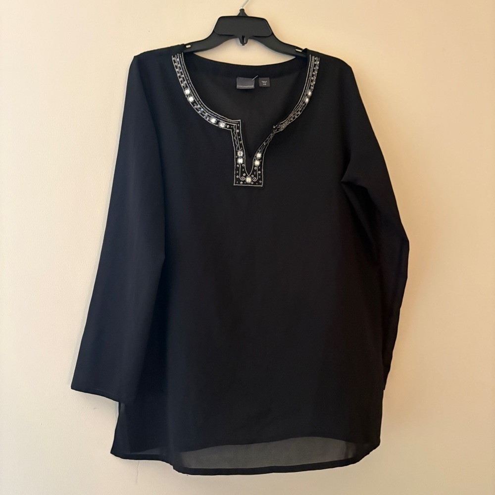 Covington Black Silver Embellished Sheer Tunic Top L Long Sleeve Blouse